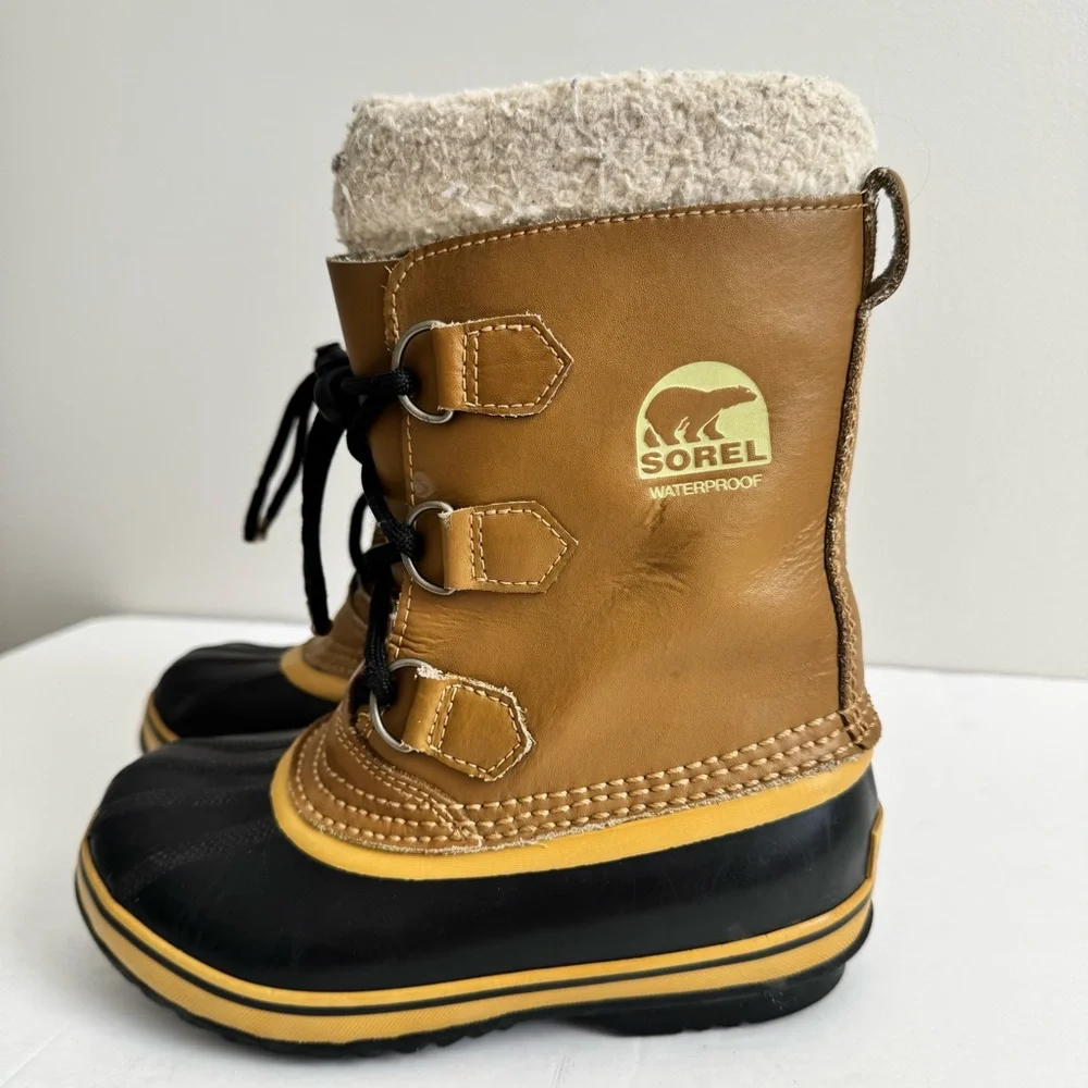 SOREL Caribou yoot pac Winter waterproof sherpa line lace up brown boots youth 2
